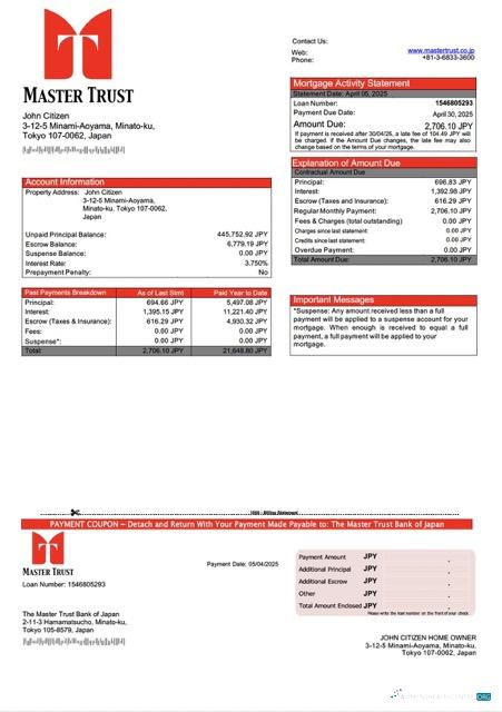 Download Japan The Master Trust Bank of Japan mortgage statement Word and PDF template Photoshop template